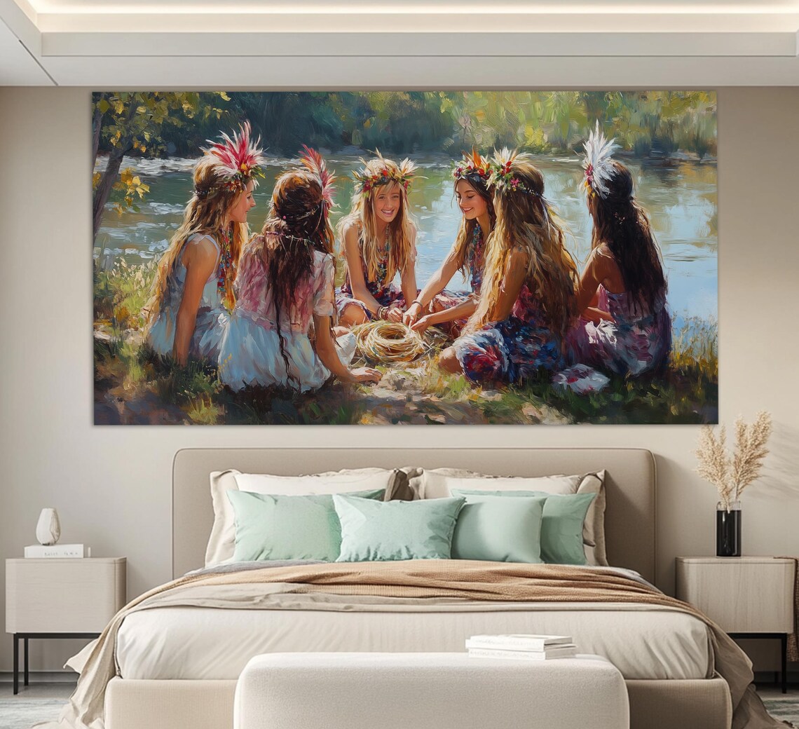 Girls With Flower Crowns By Lake Summer Impressionist Painting Print