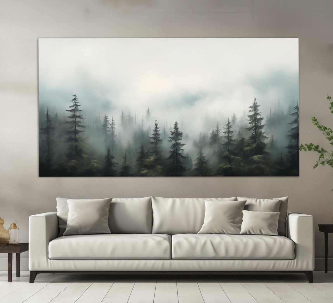 Foggy Pine Forest Misty Mountain Trees Moody Nature Art Poster