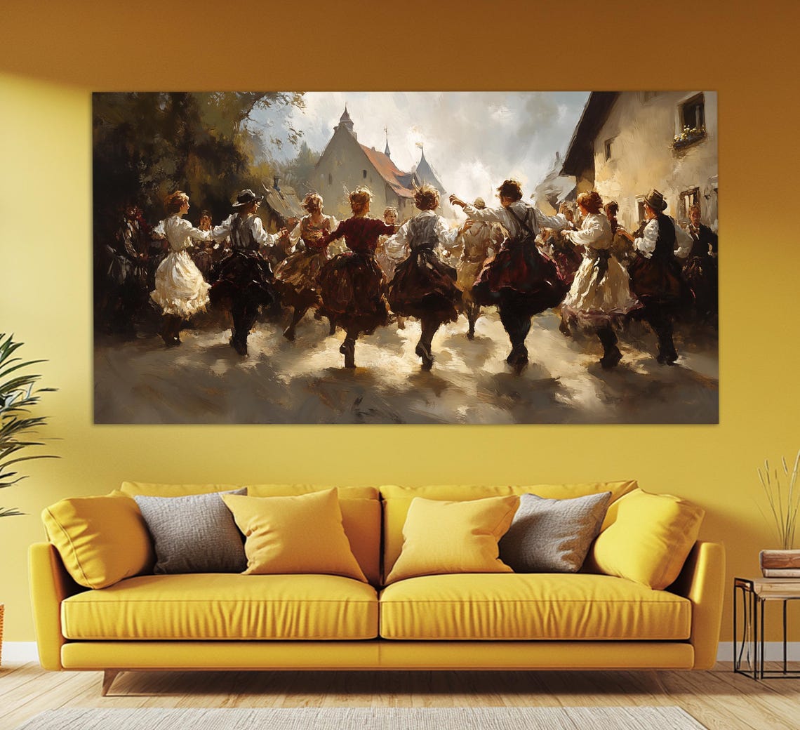 Bavarian Folk Dancers Dancing Village Square Retro Oil Painting Poster - Image 2