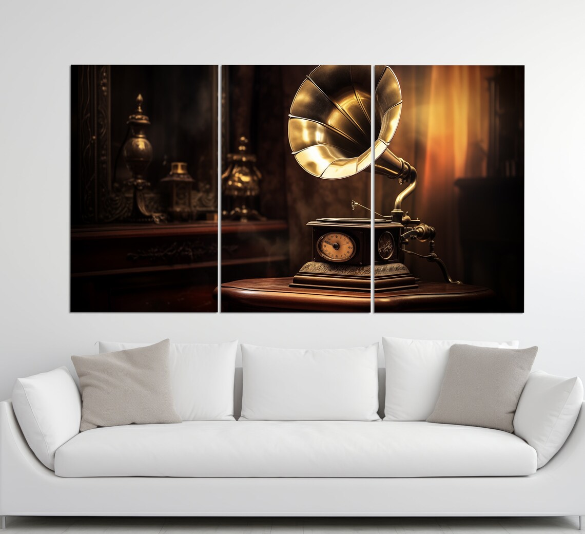 Vintage Brass Horn Gramophone Warm Dark Interior Music Room Wall Art Poster - Image 3