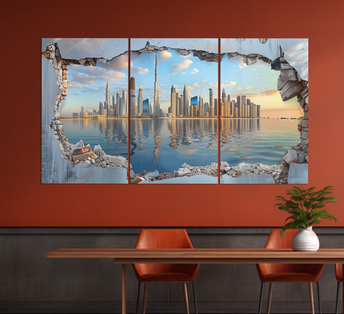 Dubai Skyline Broken Wall 3D Illusion Sunset City View Travel Poster - Image 3