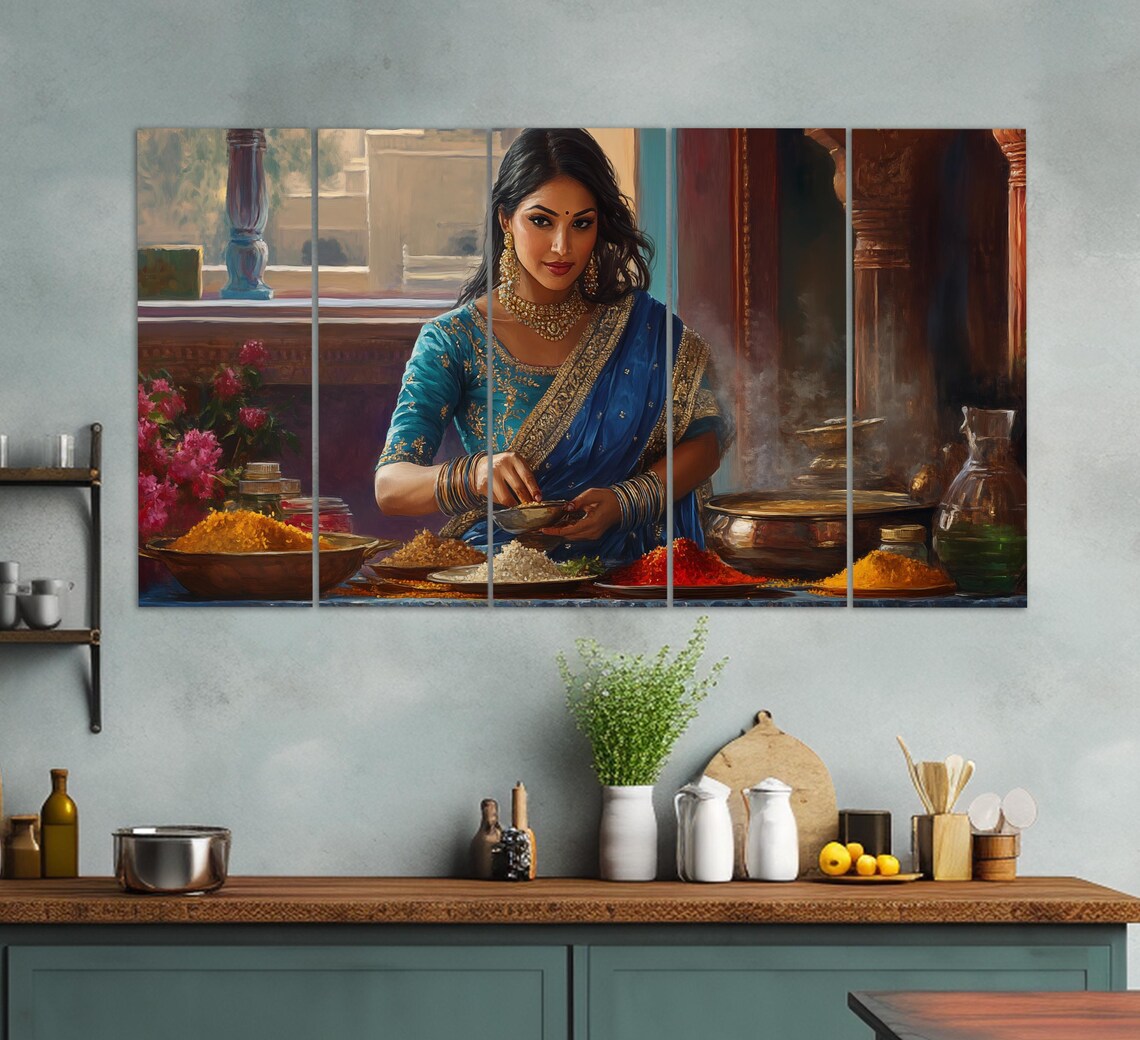 Indian Woman In Blue Sari With Colorful Spices Kitchen Art Poster - Image 2