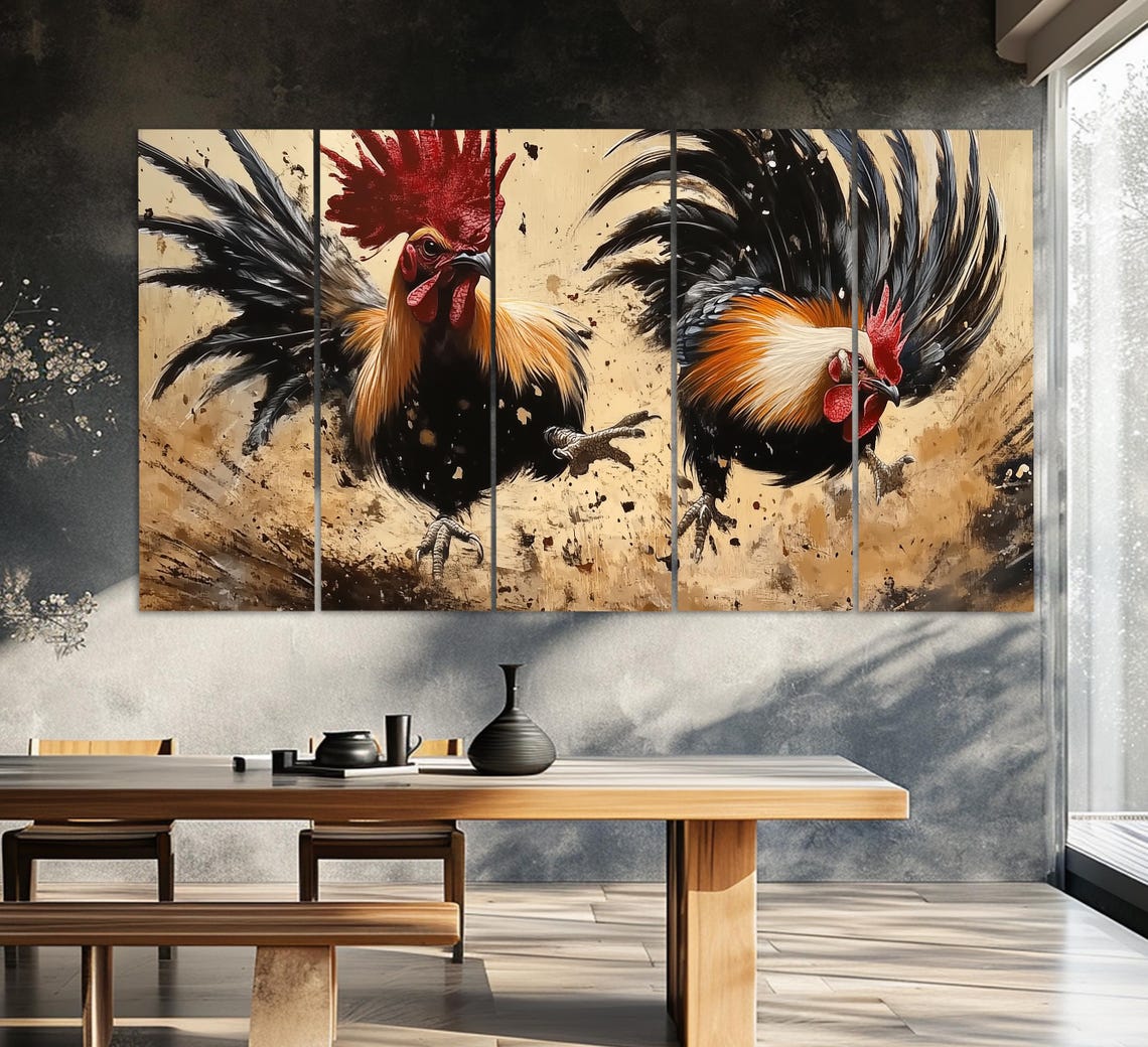 Two Fighting Roosters Fierce Dynamic Action Art Feathers Flying Poster - Image 2