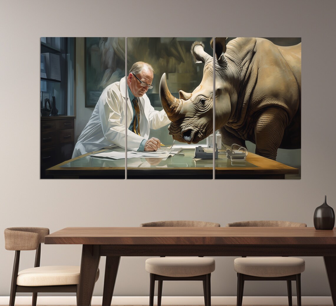 Rhinoceros Visiting Veterinarian Doctor Surreal Wildlife Office Wall Art Poster - Image 3