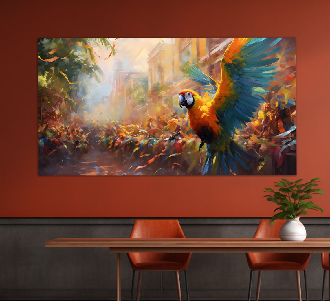 Parrots Print In An Oil Painting Style Brazilian Carnival Wall Art Parrots In Brazilian Carnival Painting Colorful Parrot Poster