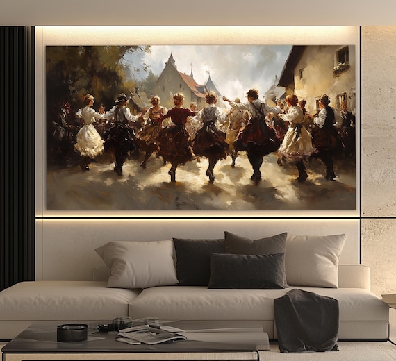 Bavarian Folk Dancers Dancing Village Square Retro Oil Painting Poster