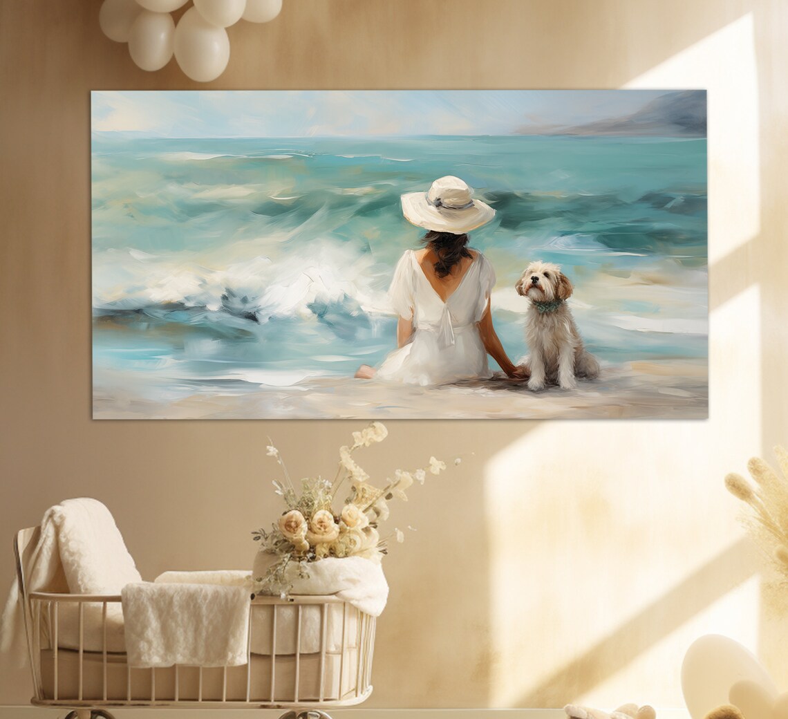 Woman With Dog on the Beach, Vintage Oil Print - Image 3