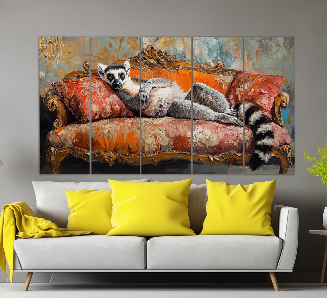 Ring Tailed Lemur Lounging Velvet Sofa Funny Animal Painting Poster - Image 2