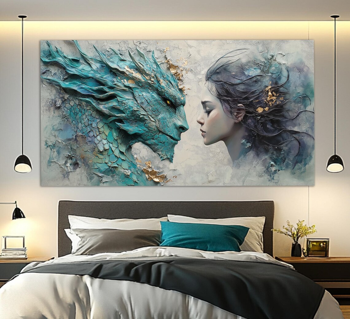 Teal Dragon And Beautiful Woman Face To Face Fantasy Love Art Poster