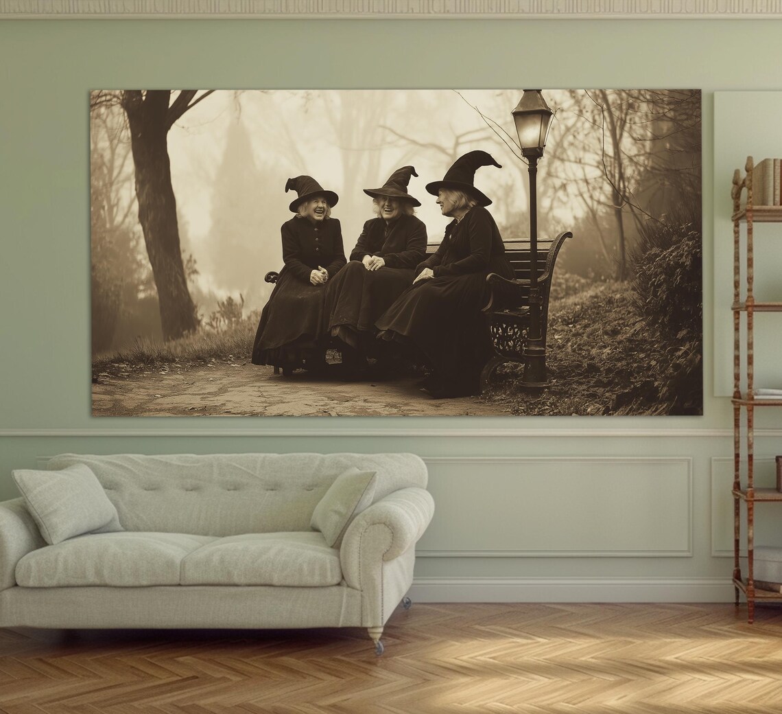 Three Old Witches Park Bench Foggy Forest Vintage Photo Style Gothic Poster - Image 4
