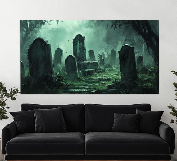 Night Graveyard With Broken Graves Print Abstract Gothic Painting Horror Wall Art Gothic Painting Horror Print Gothic Wall Decor