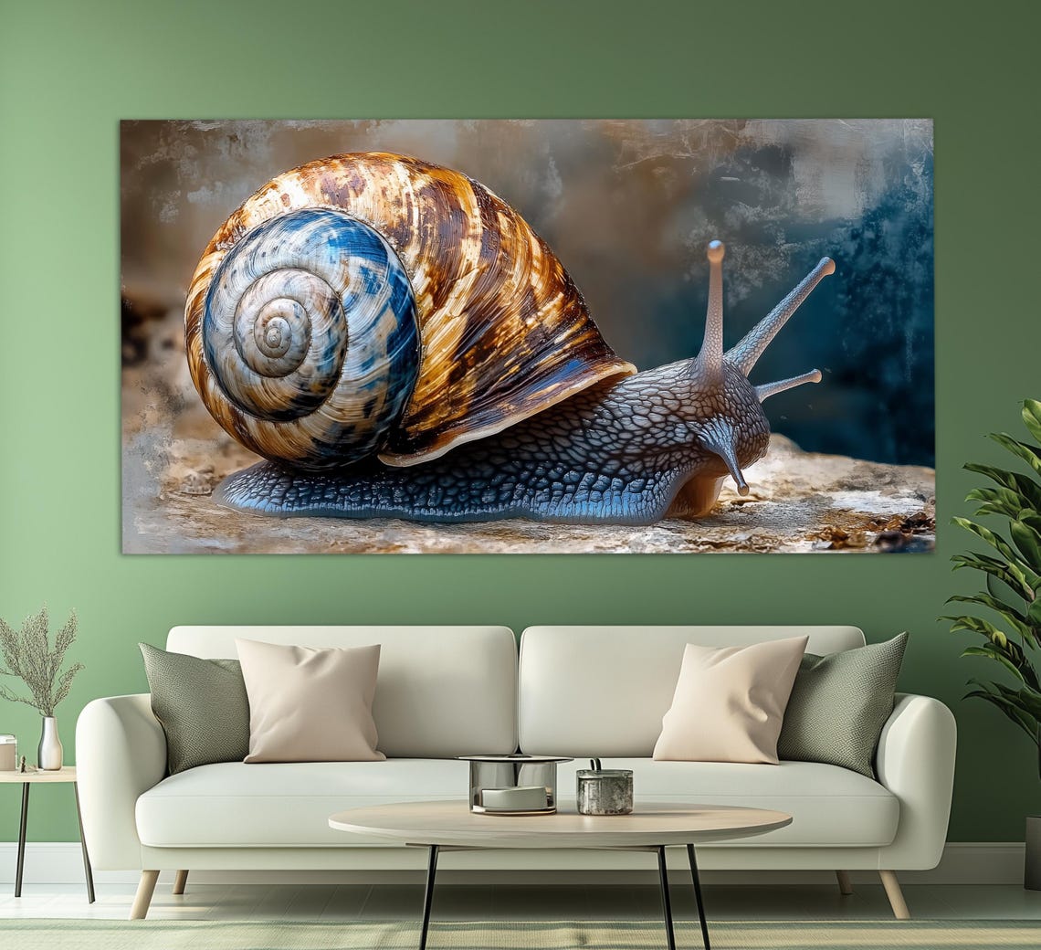 Painted Snail Portrait Spiral Shell Blue Brown Macro Art Wall Poster - Image 3