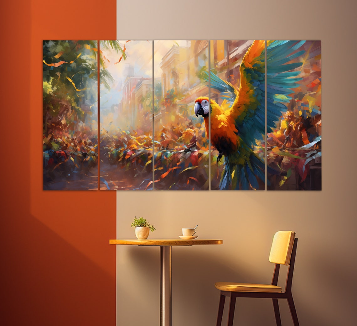 Parrots Print In An Oil Painting Style Brazilian Carnival Wall Art Parrots In Brazilian Carnival Painting Colorful Parrot Poster - Image 2