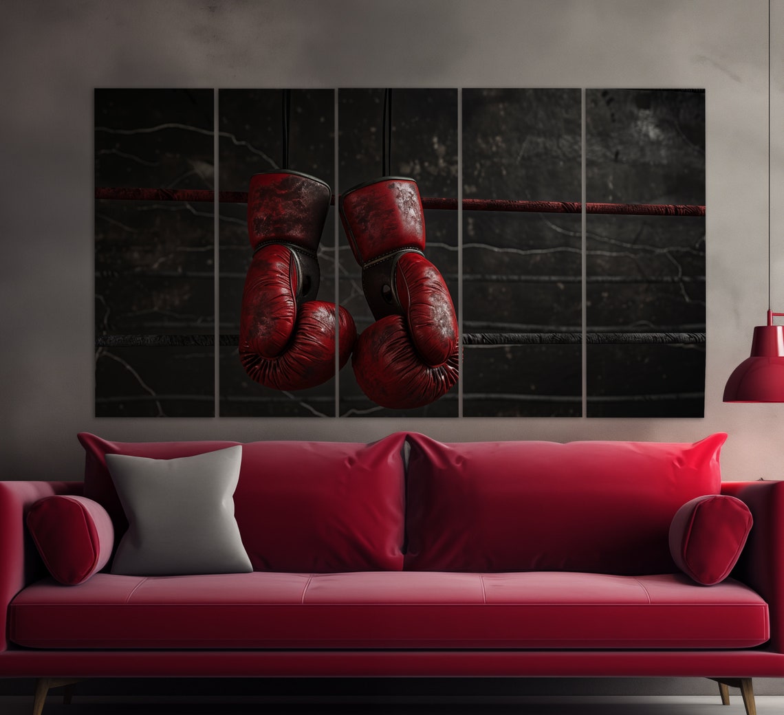 Vintage Red Boxing Gloves Hanging Ring Ropes Dark Moody Print Poster - Image 2