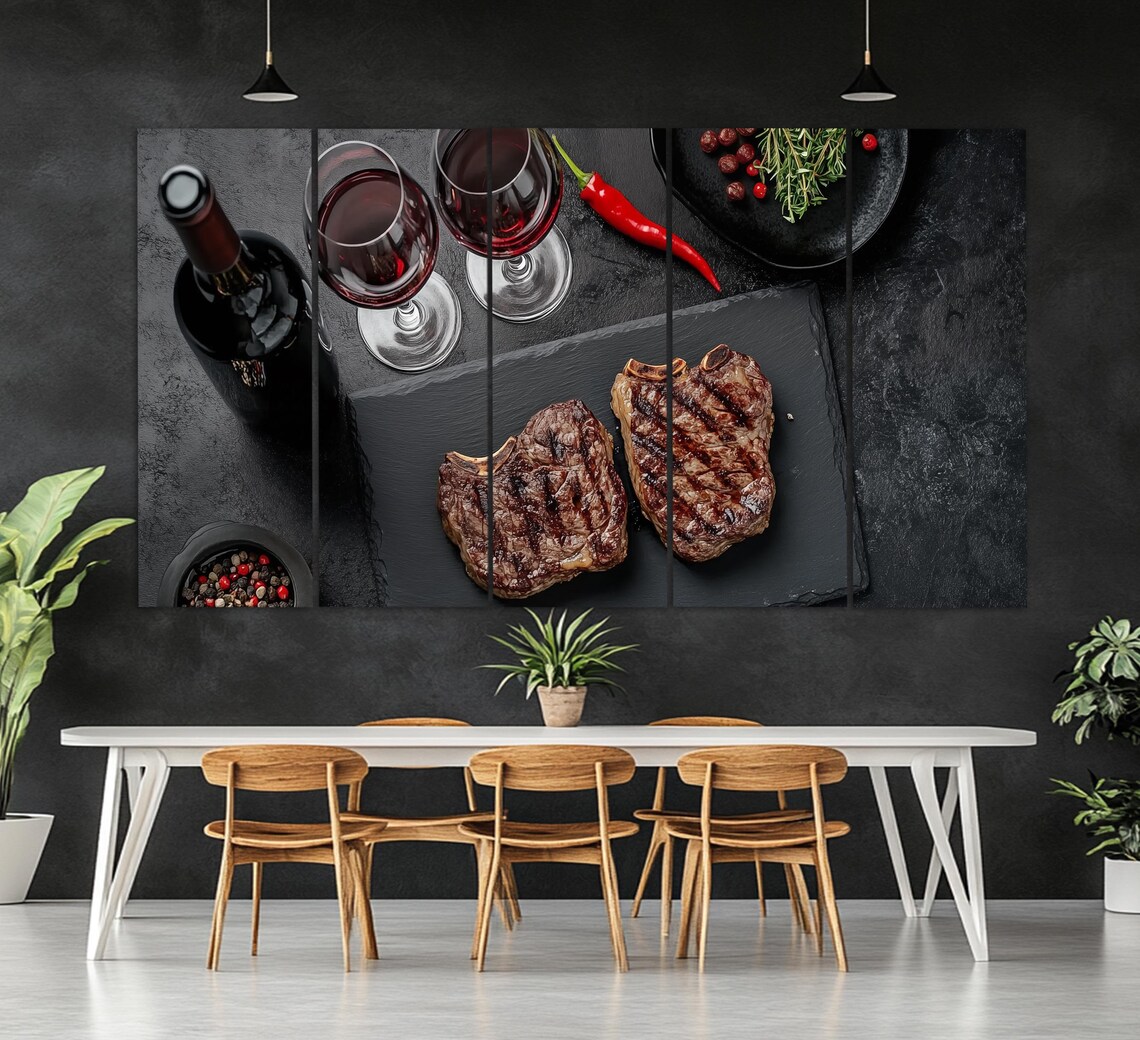 Grilled Ribeye Steaks Red Wine Dark Slate Food Photography Wall Art Poster - Image 2