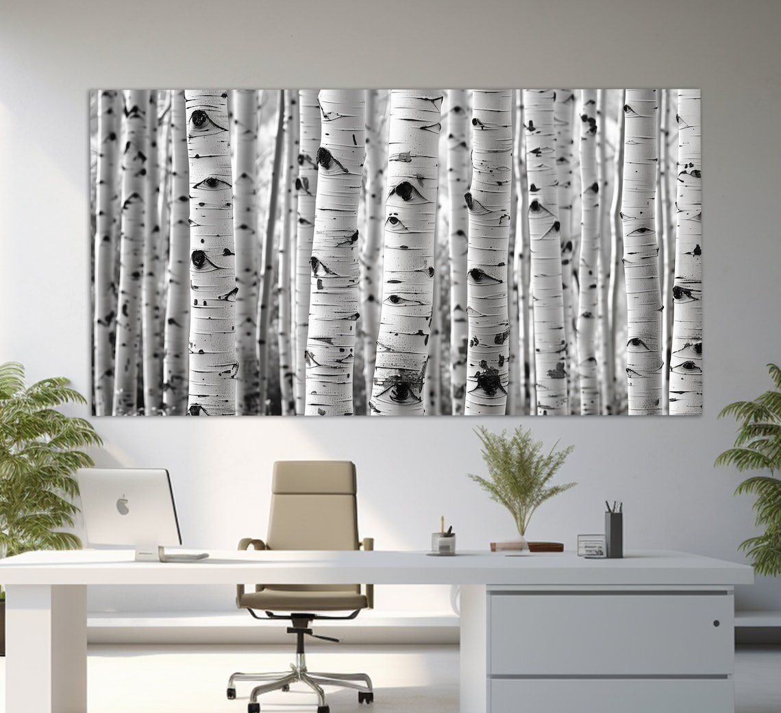 White Birch Aspen Trunks Forest Black White Abstract Nature Wall Art - Image 2