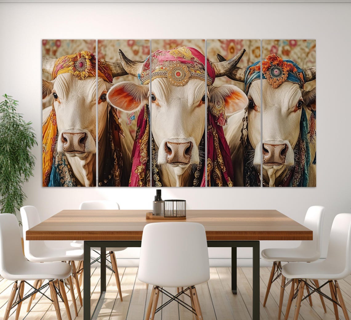 Sacred Cows In Indian Traditional Attire Decorated Whimsical Poster - Image 2