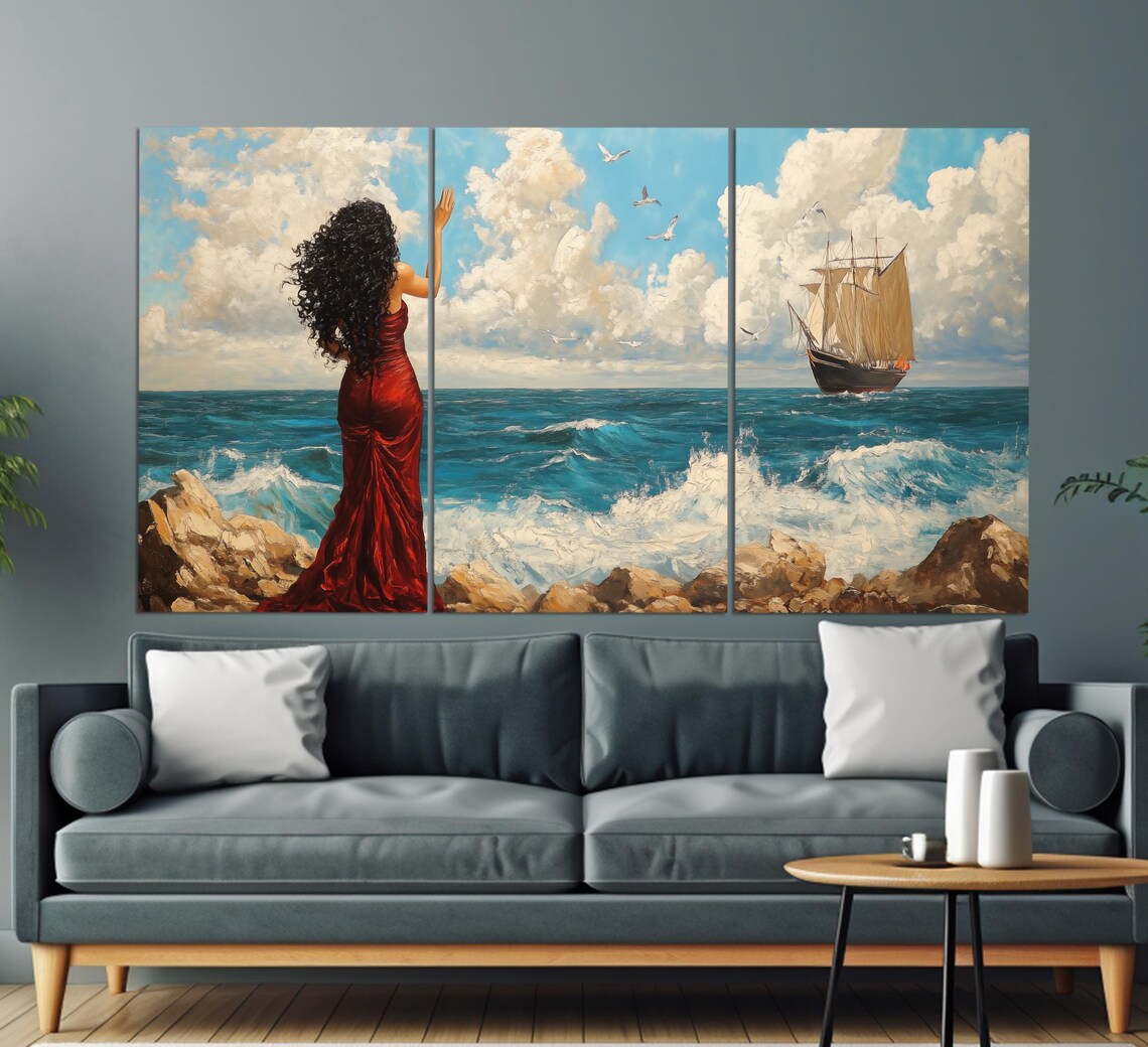 Woman in Red Dress Waving to Sailing Ship Romantic Seascape Poster - Image 3