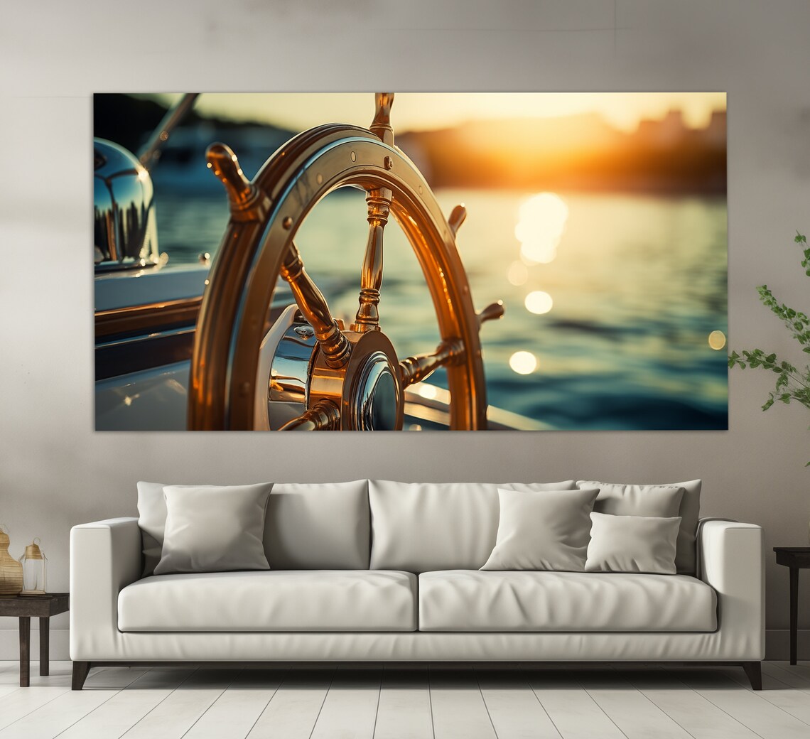 Yacht Ship Wheel Close Up Golden Sunset Sparkling Sea Poster