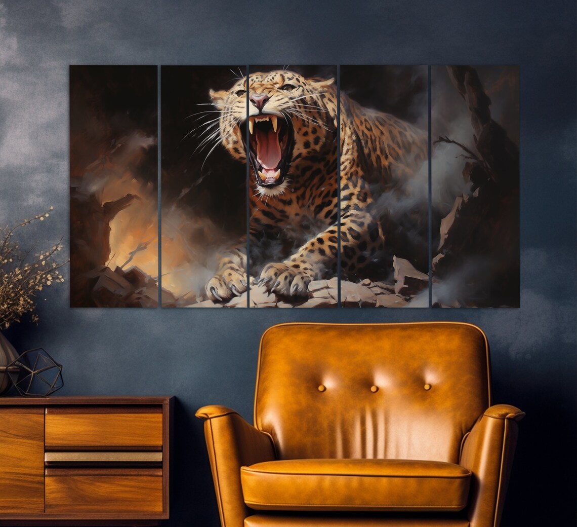 Roaring Leopard Dramatic Vintage Oil Painting Powerful Big Cat Wall Art Print - Image 5