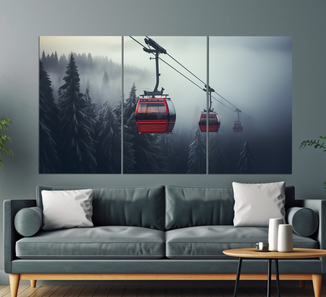 Red Cable Car Gondolas Misty Snowy Pine Forest Dusk View Poster - Image 2