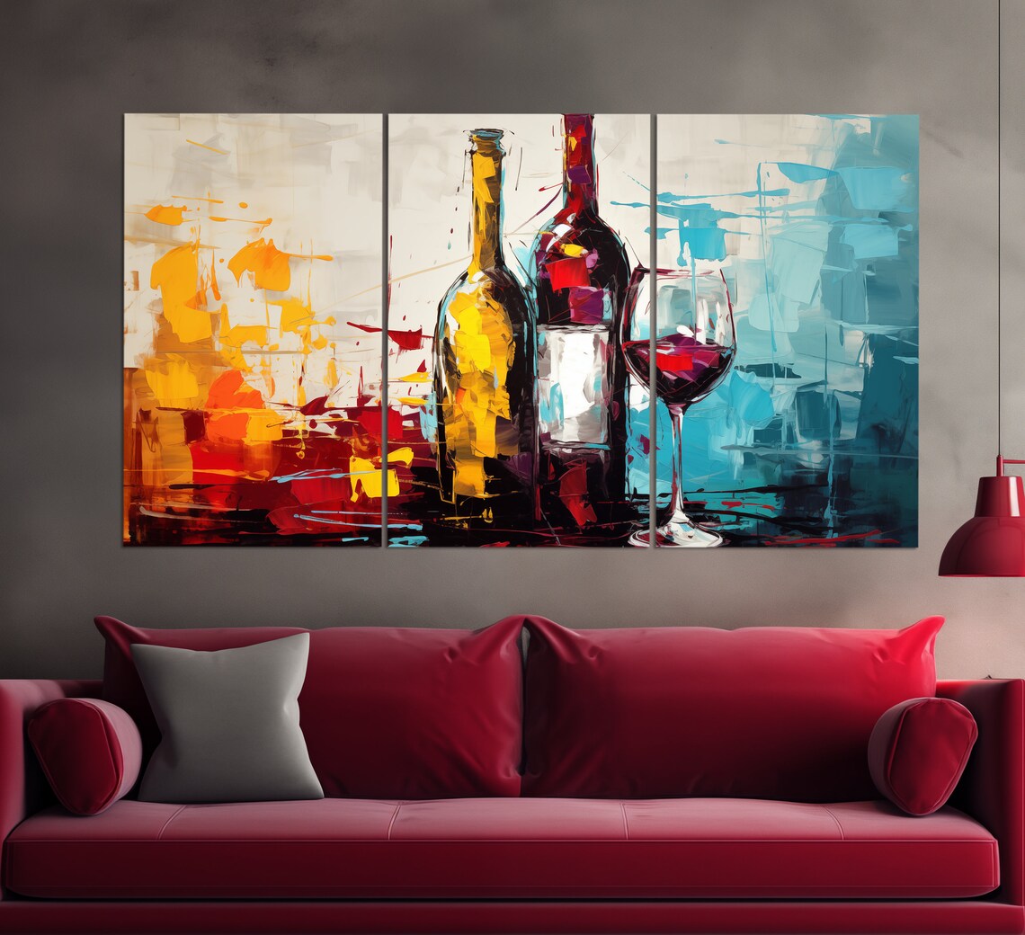 Abstract Wine Bottles And Glass Oil Painting Style Colorful Kitchen Wall Art - Image 2