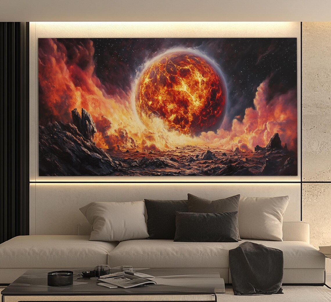 Abstract Fiery Mars Planet Rising Over Alien Rocky Landscape Space Wall Art