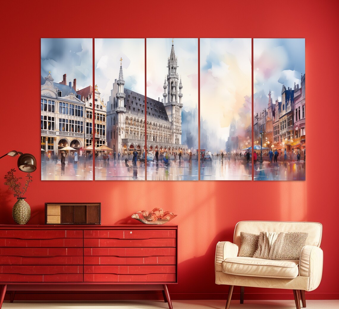 Brussels Grand Place Town Hall Watercolor Style Belgium Travel Poster - Image 4