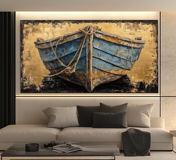 Old Wooden Boat Print In A Vintage Oil Painting Style Abstract Fishing Wall Art Old Fishing Boat Painting Retro Nautical Poster