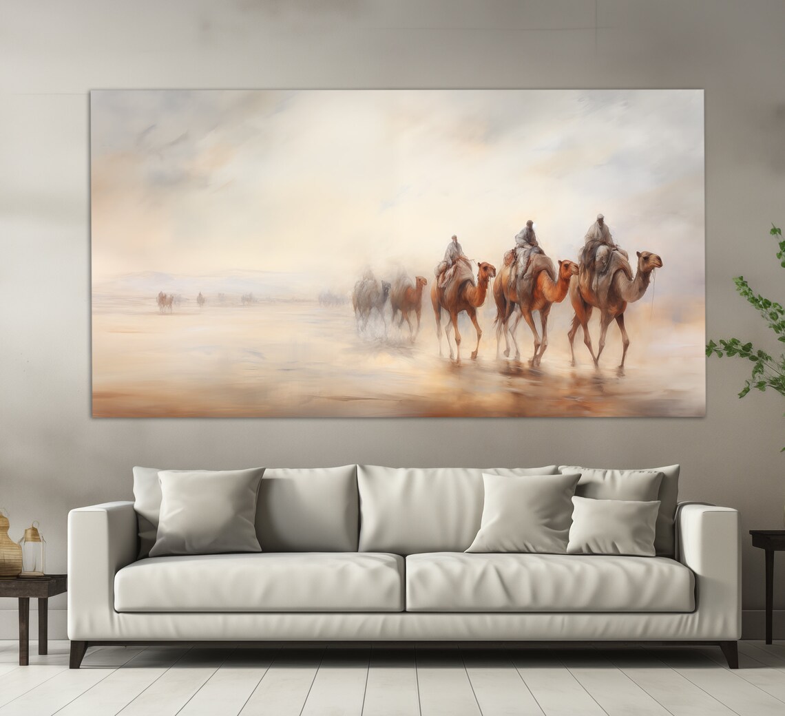 Camel Caravan, Vintage Oil Painting Style Art Print