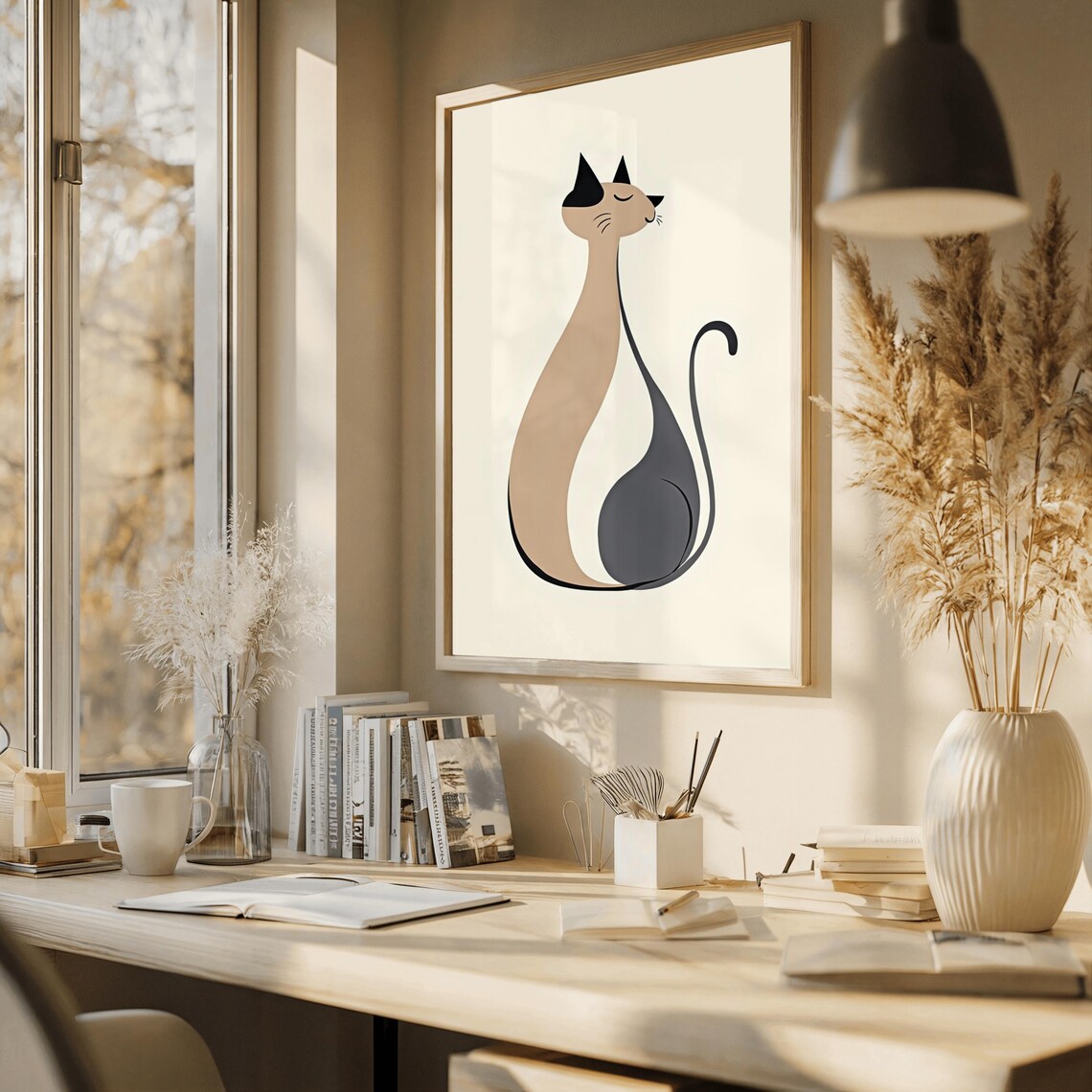 Mid Century Modern Stylized Sitting Cat Beige and Black Art Poster - Image 3