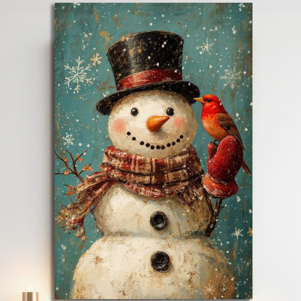 Vintage Snowman With Red Bird Retro Top Hat Christmas Wall Art