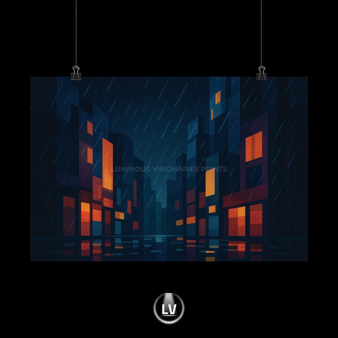 Rainy City Night Street Neon Lights Reflections Moody Wall Poster