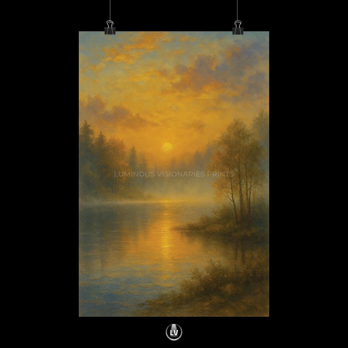 Golden Sunrise Misty Lake Forest Reflection Serene Nature Painting Poster