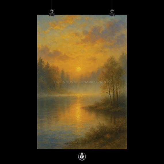 Golden Sunrise Misty Lake Forest Reflection Serene Nature Painting Poster