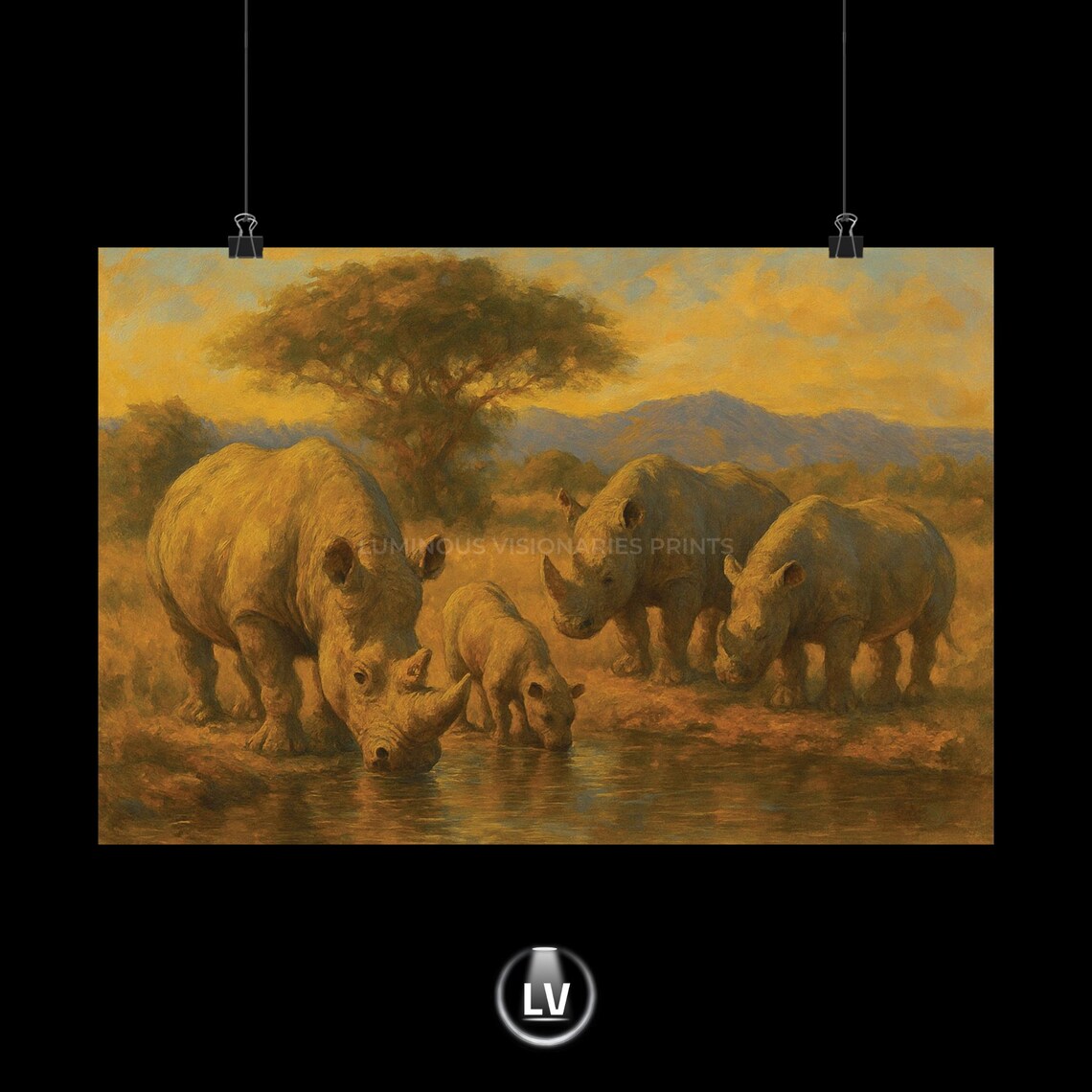 Rhinos Drinking at Savanna Waterhole Sunset Vintage Painting Poster