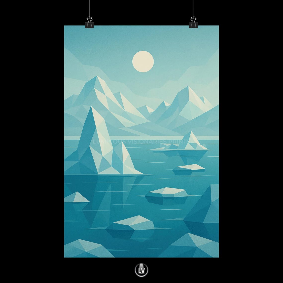 Arctic Geometric Poster Faceted Ice Peaks and Moon Over Blue Waters