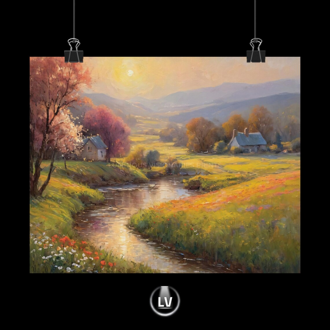 Countryside Cottage Stream Painting Autumn Sunset Valley Poster
