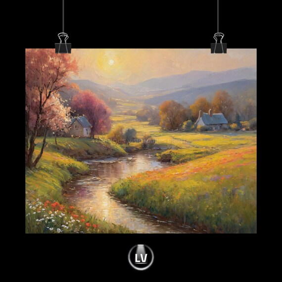 Countryside Cottage Stream Painting Autumn Sunset Valley Poster