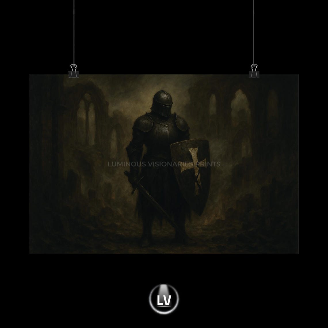Armored Knight With Shield and Sword in Ruined Cathedral Dark Poster