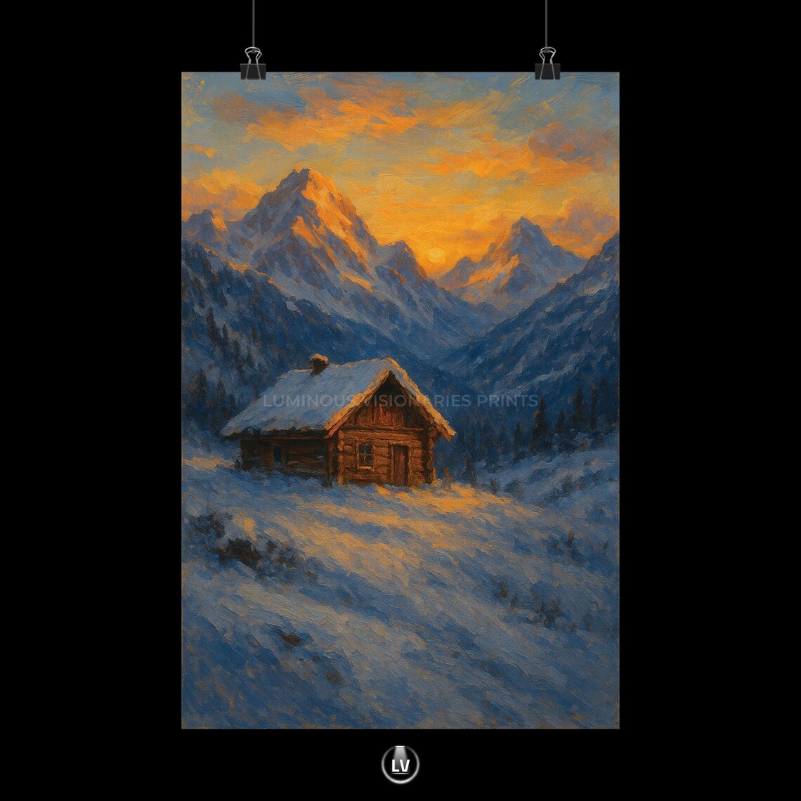 Snowy Mountain Cabin Painting Poster Alpine Sunset Winter Wall Decor Home Gift
