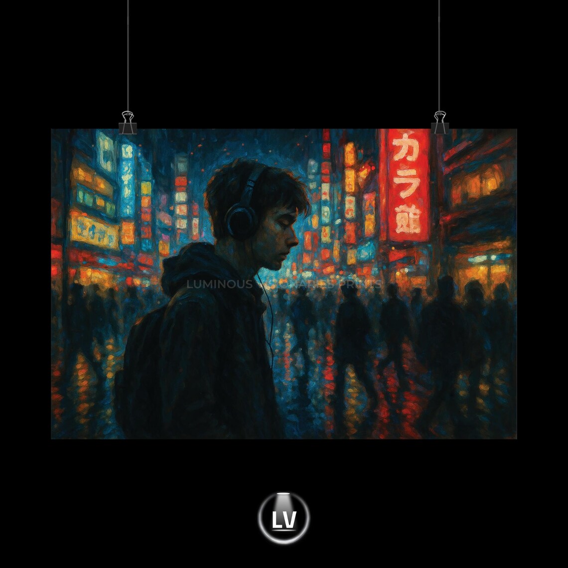 Neon Tokyo Night Street Headphones Young Man Oil Painting Poster