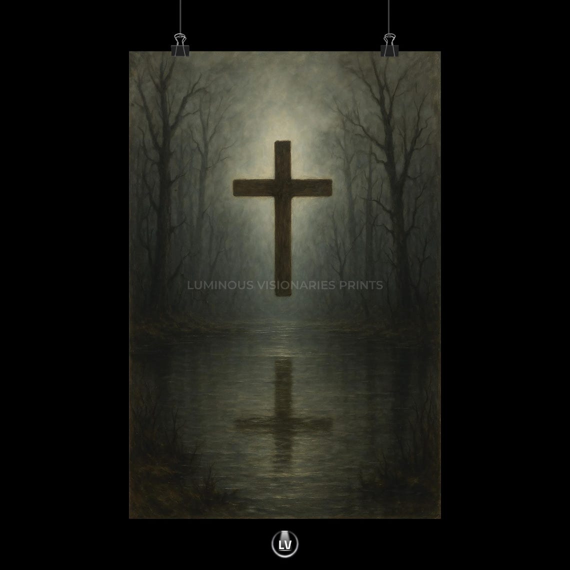 Floating Cross Over Misty Water Christian Faith Religious Poster