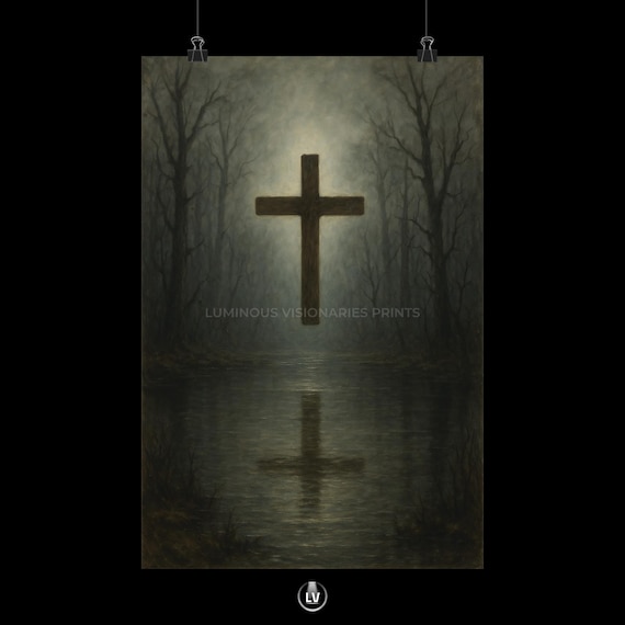 Floating Cross Over Misty Water Christian Faith Religious Poster