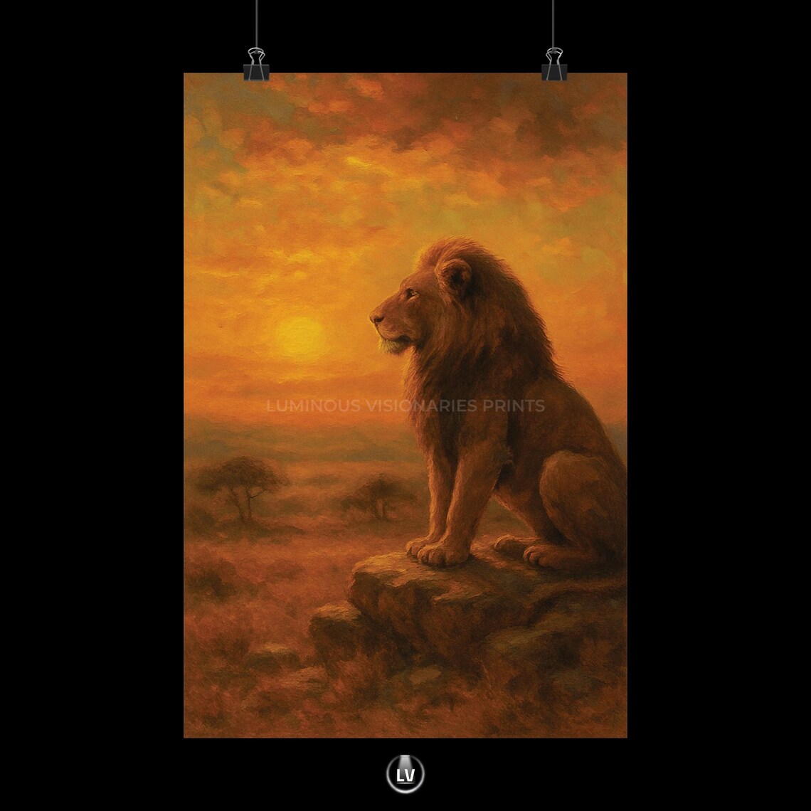 Majestic Lion Golden African Sunset Savanna Rock Painting Poster
