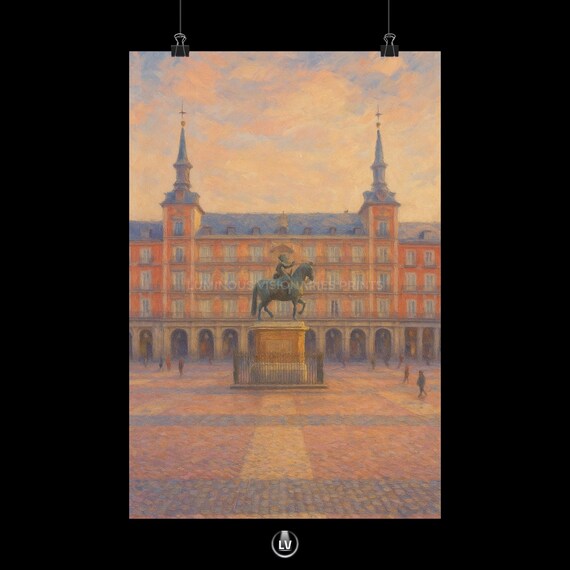 Plaza Mayor Madrid Spain Equestrian Statue Oil Painting Poster