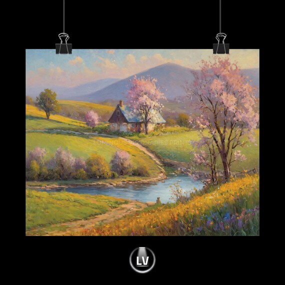 Spring Cottage Painting Poster Blooming Orchard River and Hills