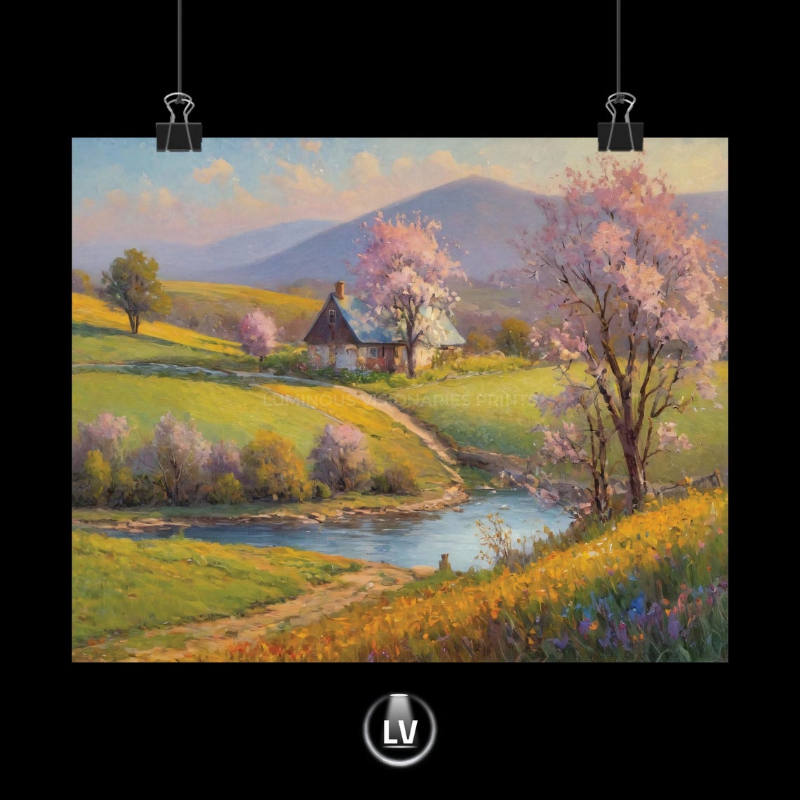 Spring Cottage Painting Poster Blooming Orchard River and Hills