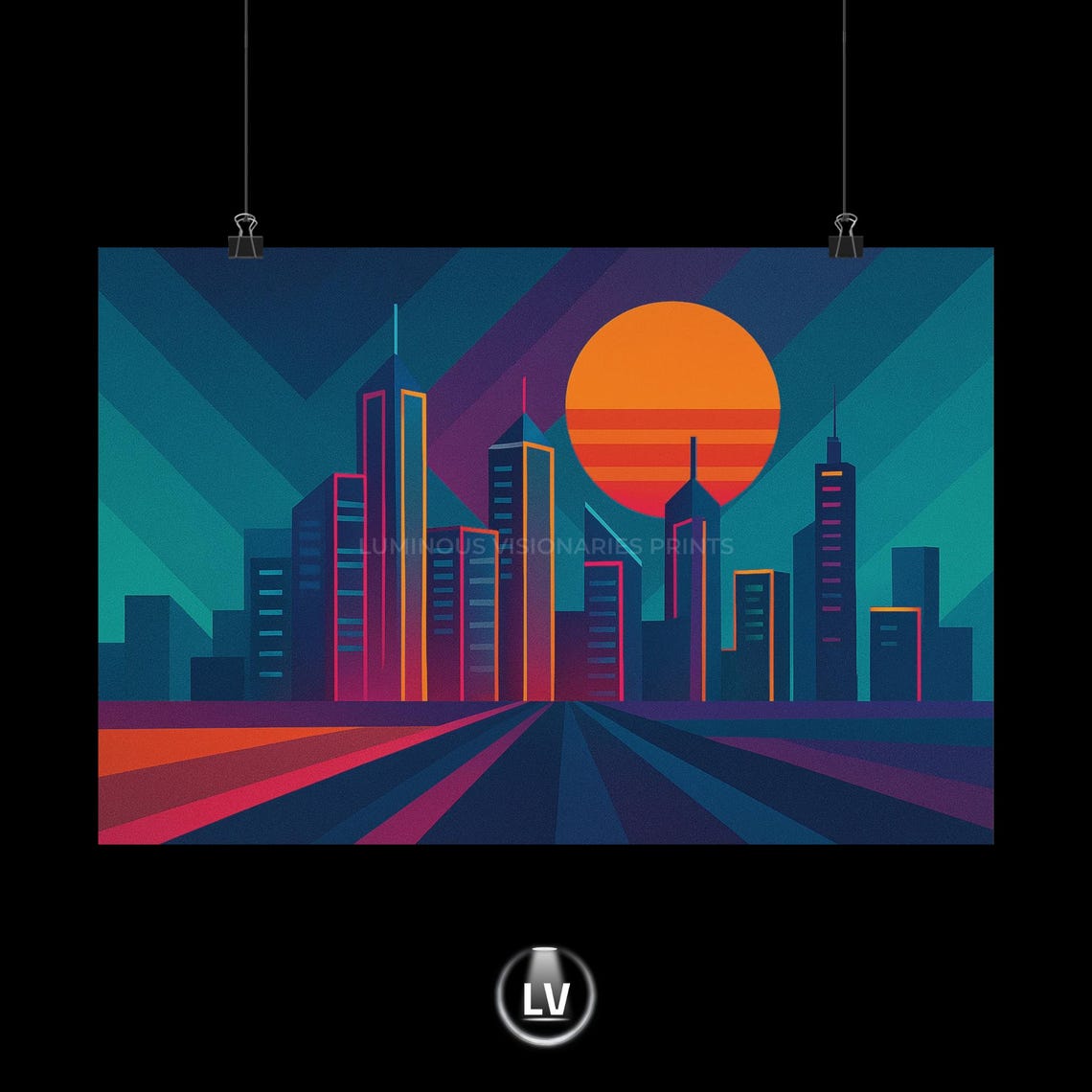 Retro Sunset Cityscape Poster Neon Skyline and Giant Orange Sun