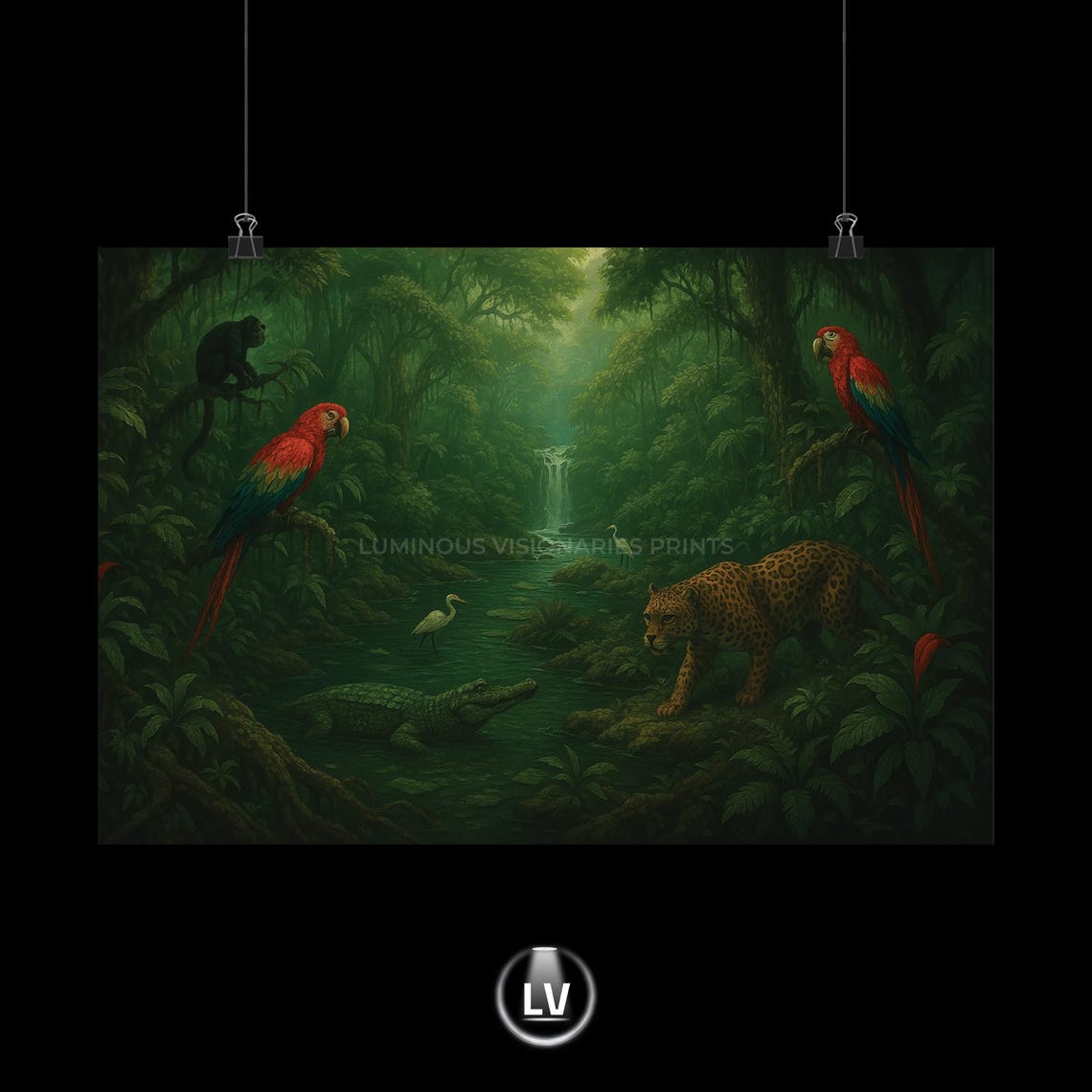 Amazon Rainforest Jaguar Macaws Caiman Lush Waterfall Wildlife Poster